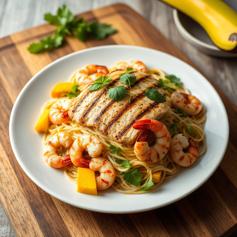 Nudelsalat mit Hühnchen, Garnelen und Mango - Bild 1