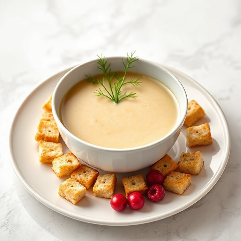 Graukäse-Suppe mit Knoblauchcroutons, Schnittlauch und rosa Beeren - Bild 1