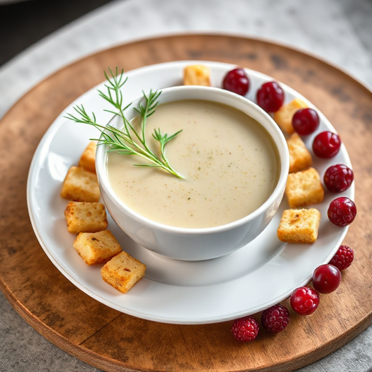 Graukäse-Suppe mit Knoblauchcroutons, Schnittlauch und rosa Beeren - Bild 2