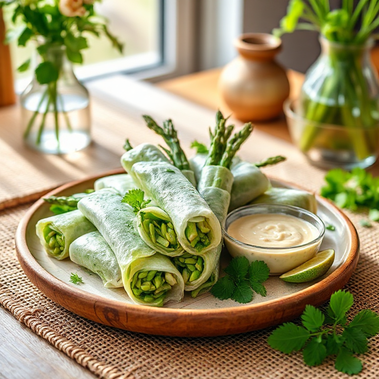 Sommerrollen mit grünem Spargel und Asia- und Erdnuss-Dip - Bild 1