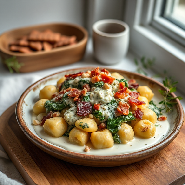 Selbstgemachte Gnocchi in Spinat-Gorgonzolasauce mit Pinienkernen und Bacon - Vorschaubild