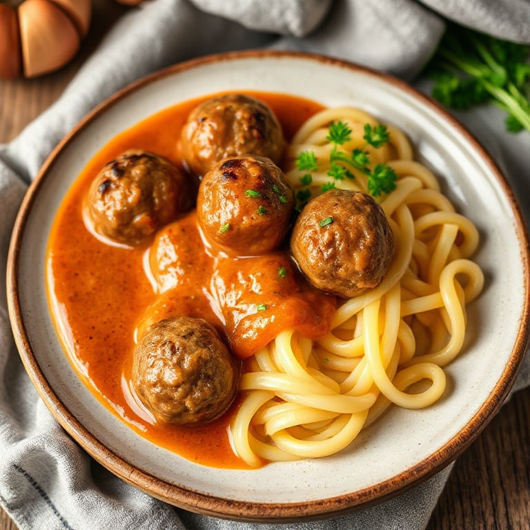 Hackbällchen in Ajvarsauce mit Nudeln - Bild 1