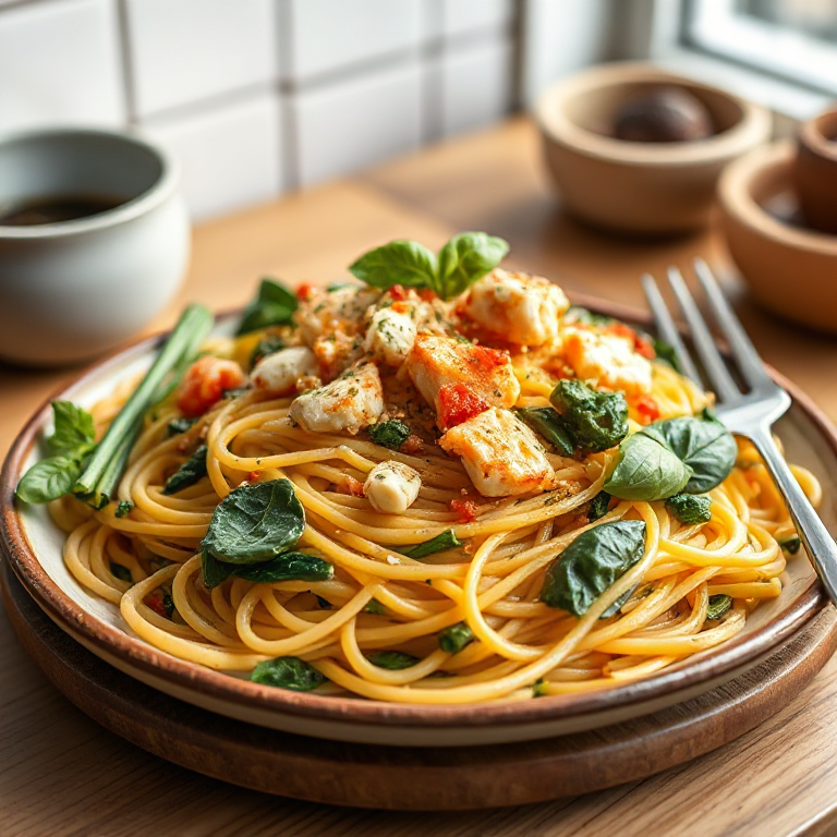 Pasta mit grünem Gemüse und Krabben - Bild 1